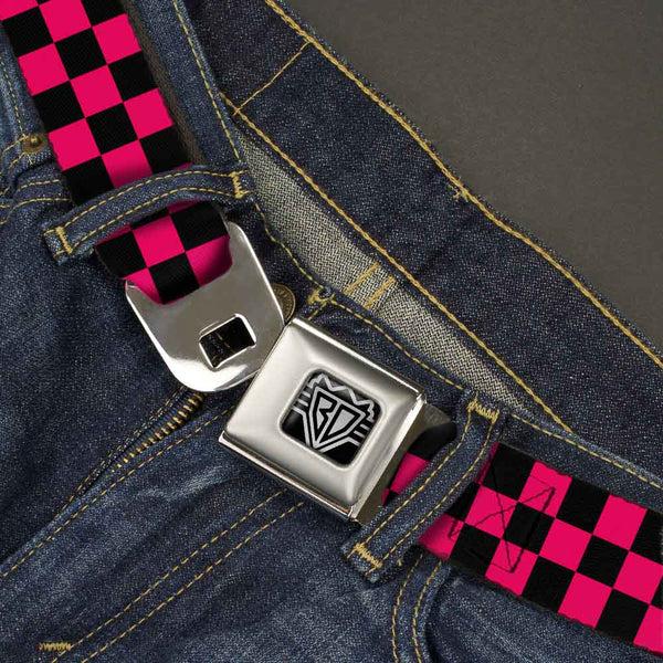 Buckle-Down BD Wings Logo CLOSE-UP Full Color Black Silver Seatbelt Belt - Checker Black/Neon Pink Webbing