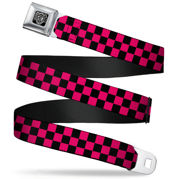 Buckle-Down BD Wings Logo CLOSE-UP Full Color Black Silver Seatbelt Belt - Checker Black/Neon Pink Webbing