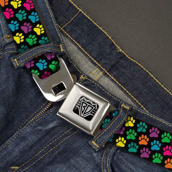 Buckle-Down BD Wings Logo CLOSE-UP Full Color Black Silver Seatbelt Belt - Paw Print Black/Multi Color Webbing
