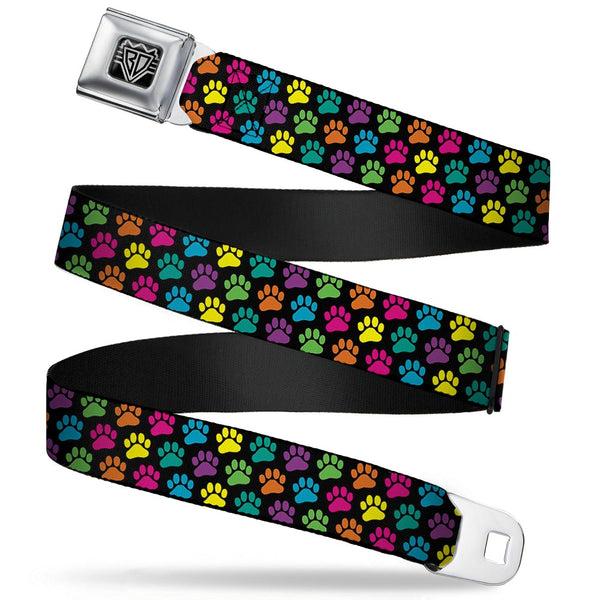 Buckle-Down BD Wings Logo CLOSE-UP Full Color Black Silver Seatbelt Belt - Paw Print Black/Multi Color Webbing