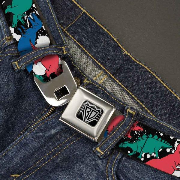 Buckle-Down BD Wings Logo CLOSE-UP Full Color Black Silver Seatbelt Belt - Dinosaurs/Paint Splatter Black/White/Multi Color Webbing