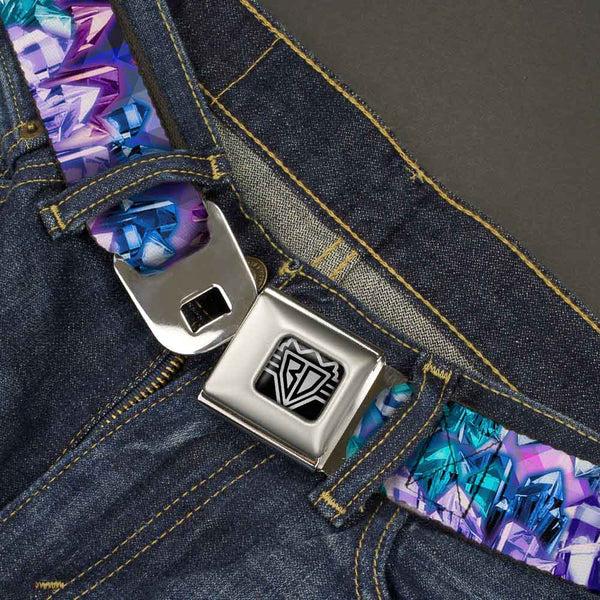 Buckle-Down BD Wings Logo CLOSE-UP Full Color Black Silver Seatbelt Belt - Crystals2 Blues/Purples Webbing