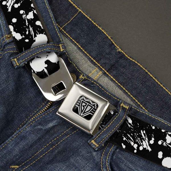 Buckle-Down BD Wings Logo CLOSE-UP Full Color Black Silver Seatbelt Belt - Splatter Black/White Webbing