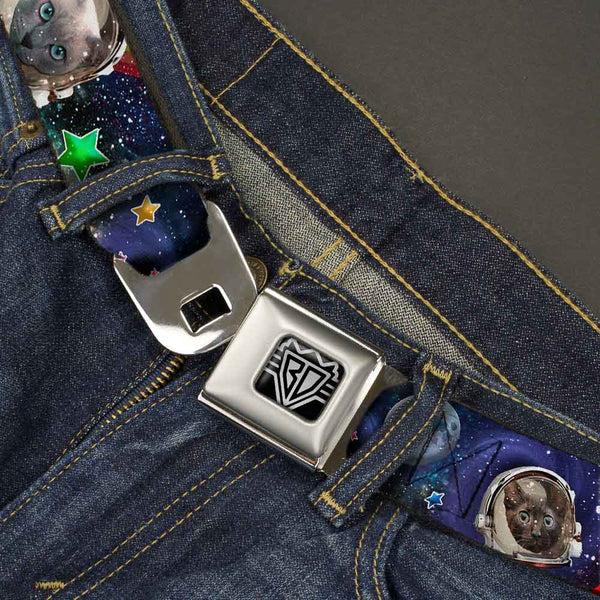 Buckle-Down BD Wings Logo CLOSE-UP Full Color Black Silver Seatbelt Belt - Astronaut Cats In Space/Rainbows/Stars Webbing