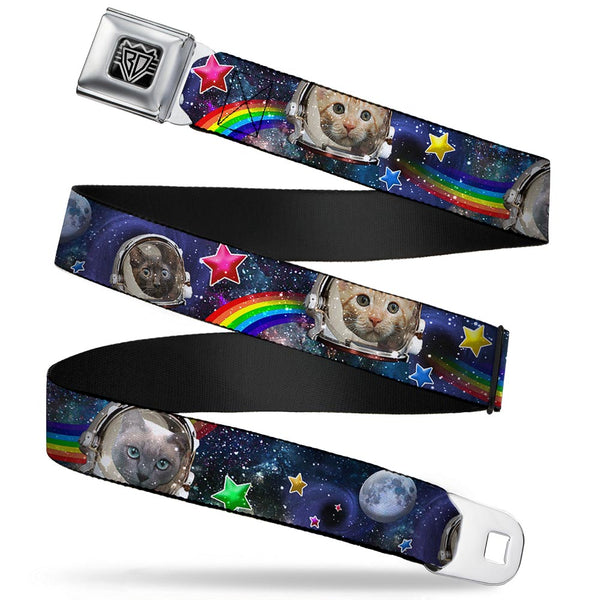 Buckle-Down BD Wings Logo CLOSE-UP Full Color Black Silver Seatbelt Belt - Astronaut Cats In Space/Rainbows/Stars Webbing