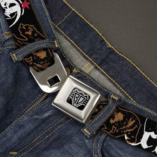 Buckle-Down BD Wings Logo CLOSE-UP Full Color Black Silver Seatbelt Belt - CALI W/Grizzly Bear Webbing