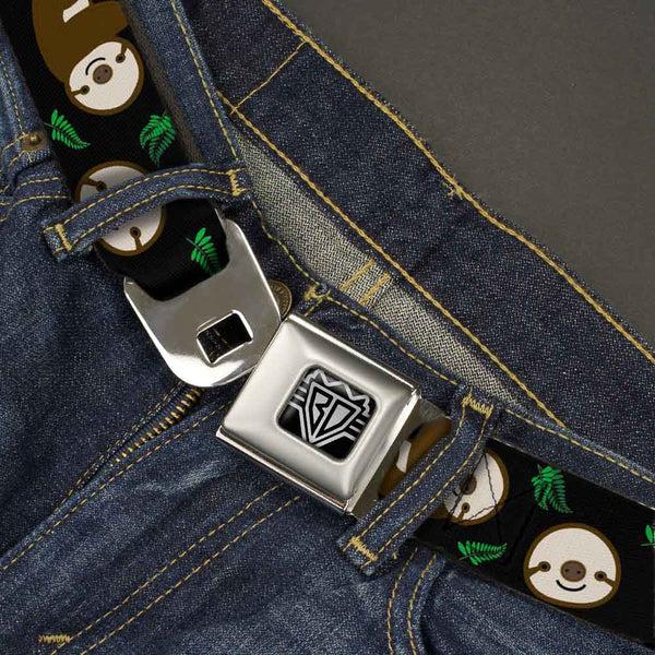 Buckle-Down BD Wings Logo CLOSE-UP Full Color Black Silver Seatbelt Belt - Sloth Face/Hanging Black Webbing