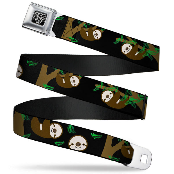 Buckle-Down BD Wings Logo CLOSE-UP Full Color Black Silver Seatbelt Belt - Sloth Face/Hanging Black Webbing