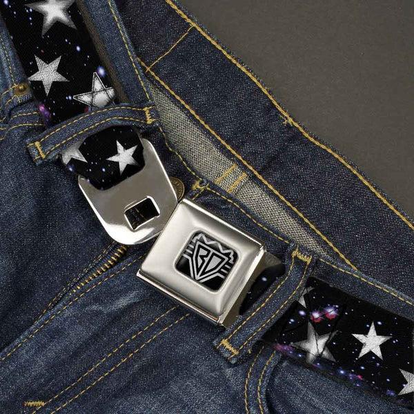 Buckle-Down BD Wings Logo CLOSE-UP Full Color Black Silver Seatbelt Belt - Glowing Stars In Space Black/Purple/White Webbing