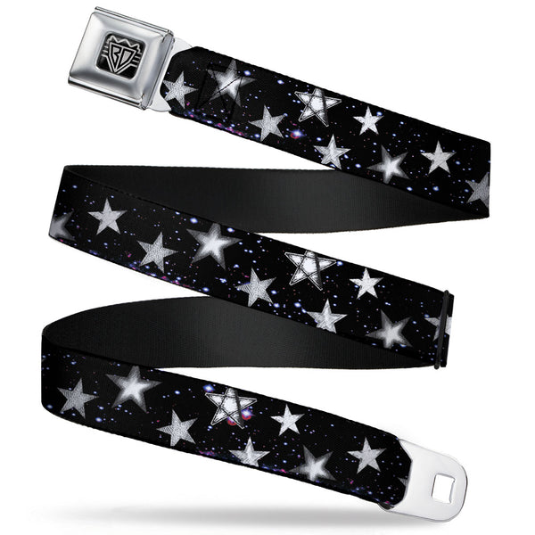 Buckle-Down BD Wings Logo CLOSE-UP Full Color Black Silver Seatbelt Belt - Glowing Stars in Space Black/Purple/White Webbing