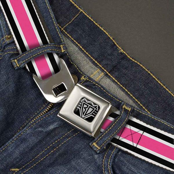 Buckle-Down BD Wings Logo CLOSE-UP Full Color Black Silver Seatbelt Belt - Stripes White/Black/White/Pink Webbing