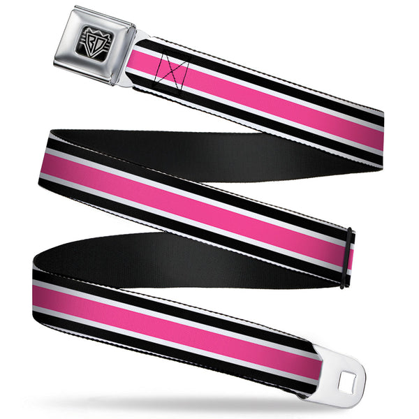 Buckle-Down BD Wings Logo CLOSE-UP Full Color Black Silver Seatbelt Belt - Stripes White/Black/White/Pink Webbing