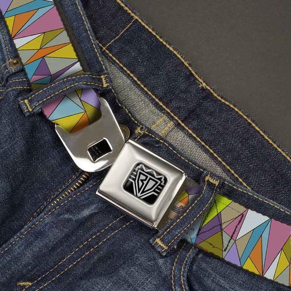 Buckle-Down BD Wings Logo CLOSE-UP Full Color Black Silver Seatbelt Belt - Stained Glass Mosaic Multi Color Webbing