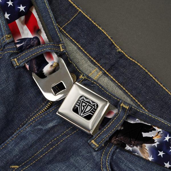 Buckle-Down BD Wings Logo CLOSE-UP Full Color Black Silver Seatbelt Belt - Flying Eagle/American Flag Webbing