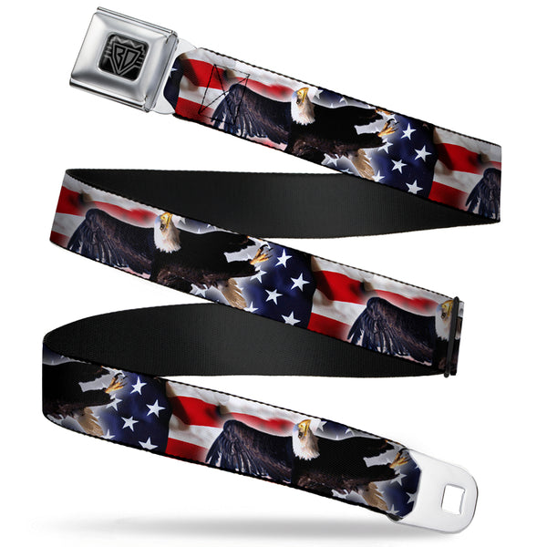 Buckle-Down BD Wings Logo CLOSE-UP Full Color Black Silver Seatbelt Belt - Flying Eagle/American Flag Webbing