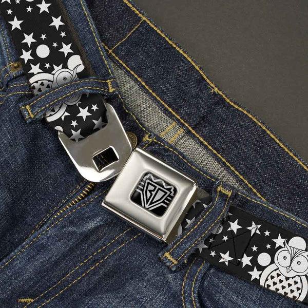 Buckle-Down BD Wings Logo CLOSE-UP Full Color Black Silver Seatbelt Belt - Owls Black/White3 Webbing