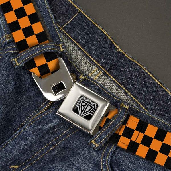 Buckle-Down BD Wings Logo CLOSE-UP Full Color Black Silver Seatbelt Belt - Checker Black/Neon Orange Webbing