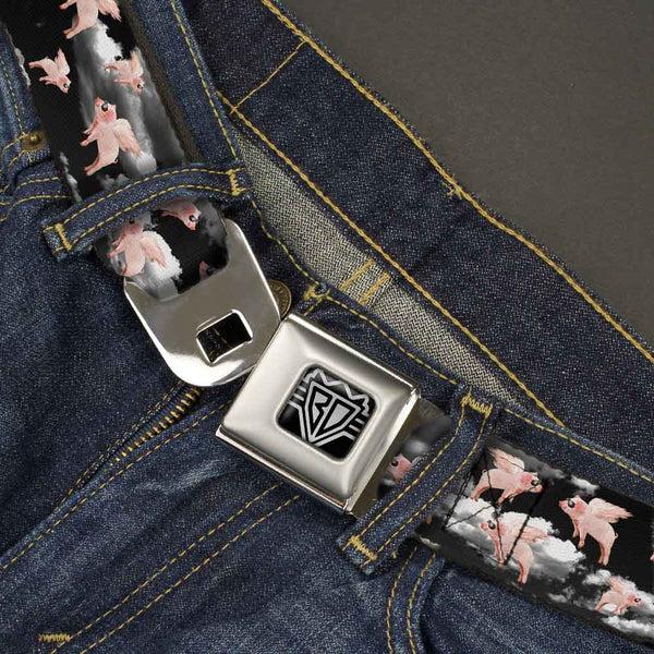 Buckle-Down BD Wings Logo CLOSE-UP Full Color Black Silver Seatbelt Belt - Flying Pigs Black/White/Pink Webbing