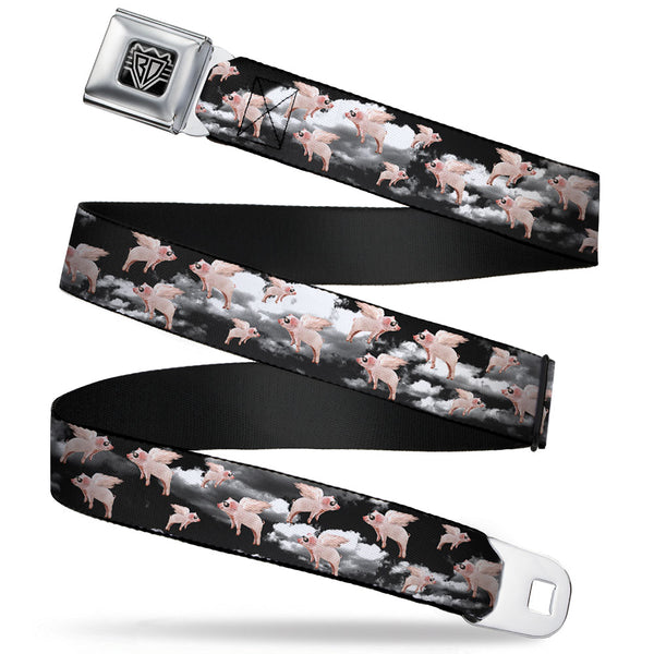 Buckle-Down BD Wings Logo CLOSE-UP Full Color Black Silver Seatbelt Belt - Flying Pigs Black/White/Pink Webbing