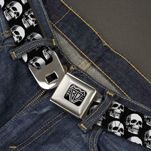 Buckle-Down BD Wings Logo CLOSE-UP Full Color Black Silver Seatbelt Belt - 3-D Skulls Repeat Black/Grays/White Webbing