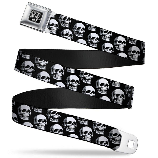 Buckle-Down BD Wings Logo CLOSE-UP Full Color Black Silver Seatbelt Belt - 3-D Skulls Repeat Black/Grays/White Webbing