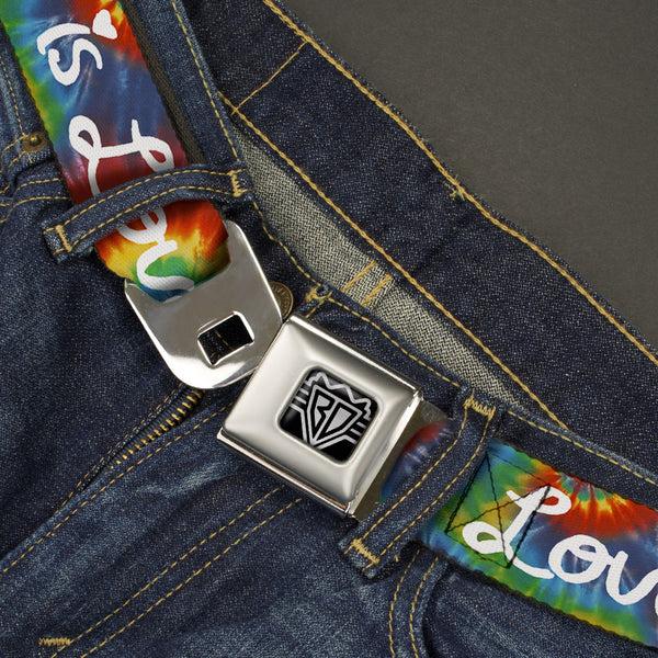 Buckle-Down BD Wings Logo CLOSE-UP Full Color Black Silver Seatbelt Belt - LOVE IS LOVE BD Tie Dye/White Webbing