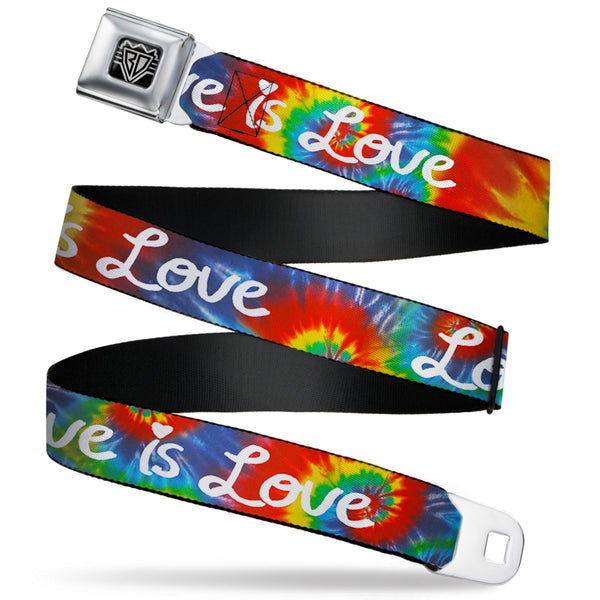 Buckle-Down BD Wings Logo CLOSE-UP Full Color Black Silver Seatbelt Belt - LOVE IS LOVE BD Tie Dye/White Webbing