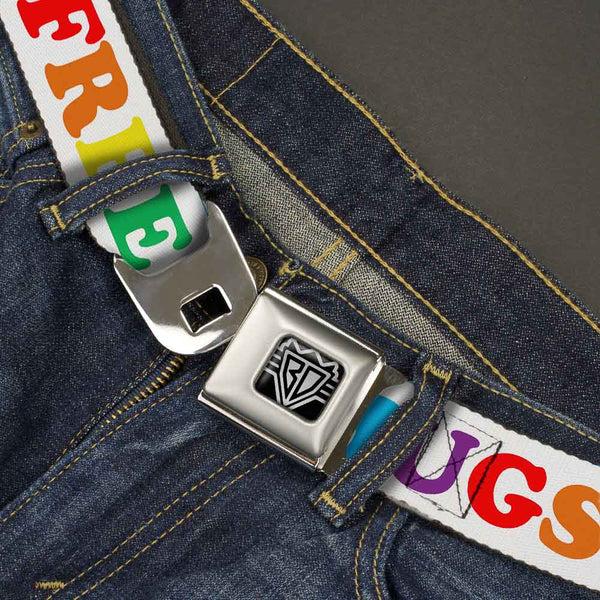 Buckle-Down BD Wings Logo CLOSE-UP Full Color Black Silver Seatbelt Belt - FREE HUGS White/Multi Color Webbing