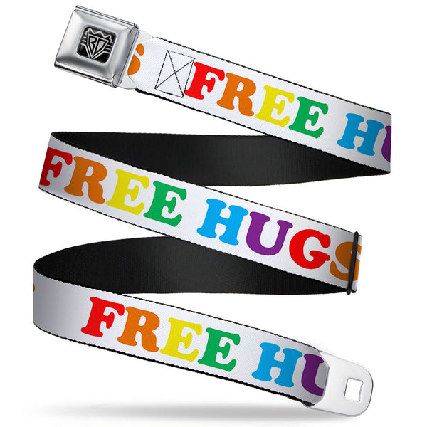 Buckle-Down BD Wings Logo CLOSE-UP Full Color Black Silver Seatbelt Belt - FREE HUGS White/Multi Color Webbing