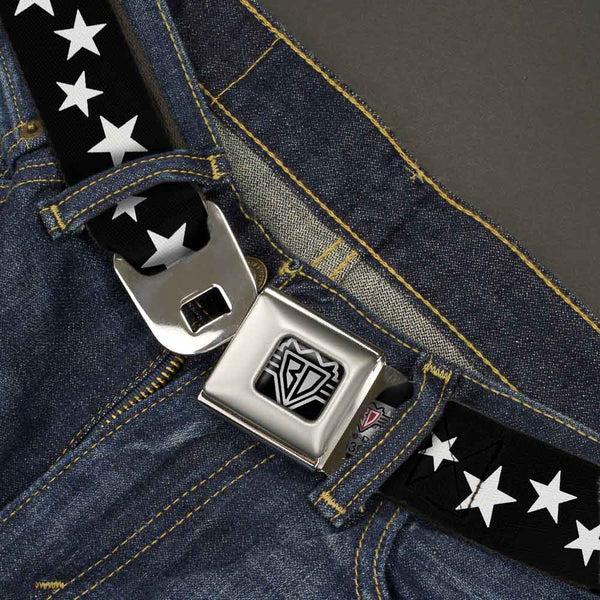 Buckle-Down BD Wings Logo CLOSE-UP Full Color Black Silver Seatbelt Belt - Multi Stars Black/White Webbing