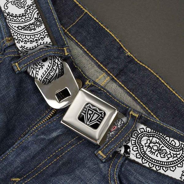 Buckle-Down BD Wings Logo CLOSE-UP Full Color Black Silver Seatbelt Belt - Bandana/Skulls White/Black Webbing