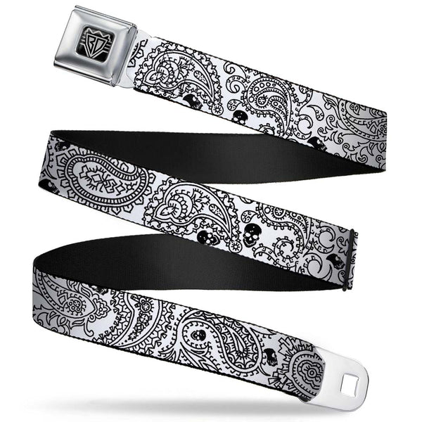 Buckle-Down BD Wings Logo CLOSE-UP Full Color Black Silver Seatbelt Belt - Bandana/Skulls White/Black Webbing