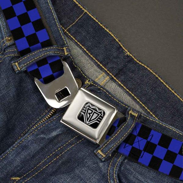Buckle-Down BD Wings Logo CLOSE-UP Full Color Black Silver Seatbelt Belt - Checker Black/Neon Blue Webbing
