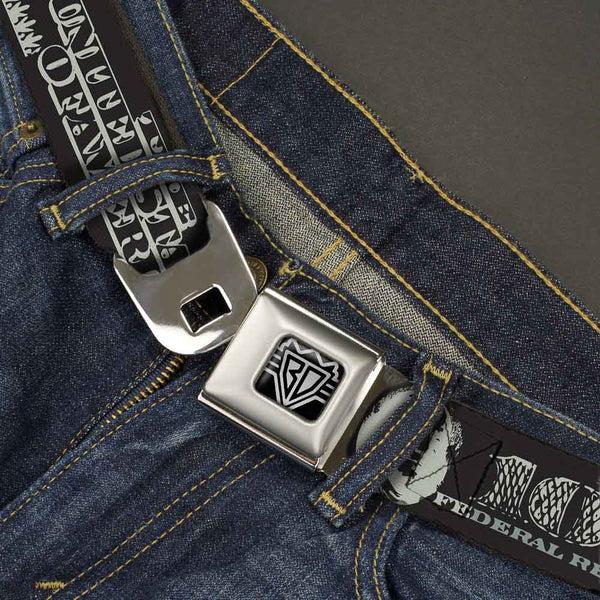 Buckle-Down BD Wings Logo CLOSE-UP Full Color Black Silver Seatbelt Belt - Americana One Hundred Dollar Bill Elements Black/Gray Webbing