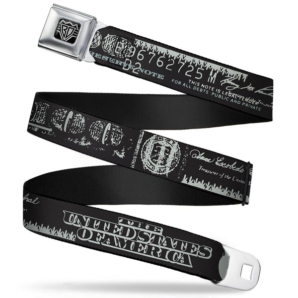 Buckle-Down BD Wings Logo CLOSE-UP Full Color Black Silver Seatbelt Belt - Americana One Hundred Dollar Bill Elements Black/Gray Webbing