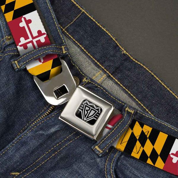 Buckle-Down BD Wings Logo CLOSE-UP Full Color Black Silver Seatbelt Belt - Maryland Flags Webbing