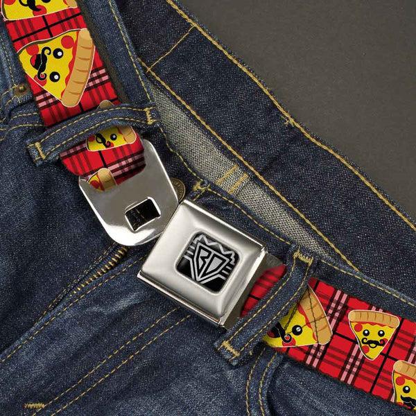 Buckle-Down BD Wings Logo CLOSE-UP Full Color Black Silver Seatbelt Belt - Pizza Man Plaid Red Webbing