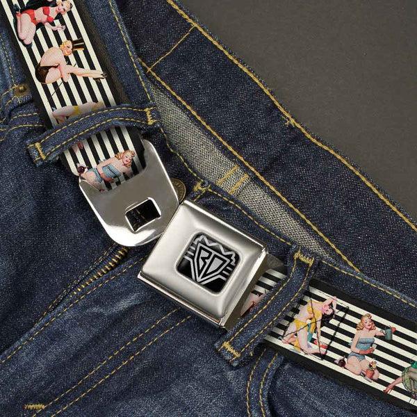 Buckle-Down BD Wings Logo CLOSE-UP Full Color Black Silver Seatbelt Belt - Pin Up Girl Poses Stripe Black/White Webbing