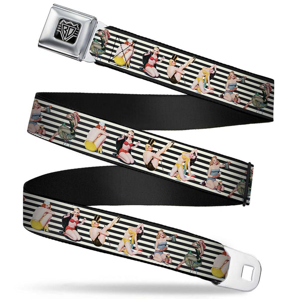Buckle-Down BD Wings Logo CLOSE-UP Full Color Black Silver Seatbelt Belt - Pin Up Girl Poses Stripe Black/White Webbing