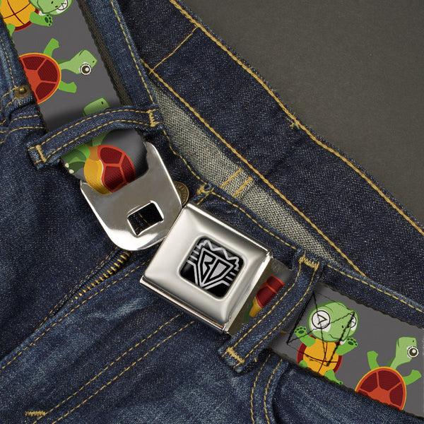 Buckle-Down BD Wings Logo CLOSE-UP Full Color Black Silver Seatbelt Belt - Turtle Cartoon Poses Gray Webbing
