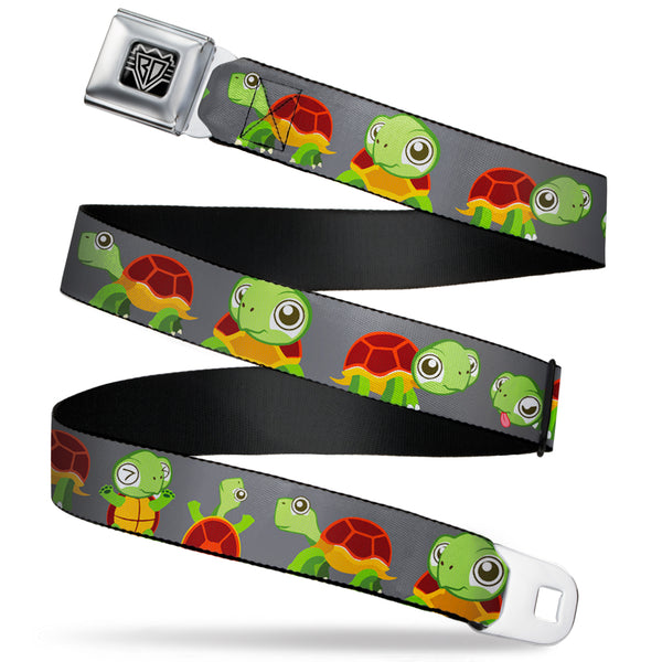 Buckle-Down BD Wings Logo CLOSE-UP Full Color Black Silver Seatbelt Belt - Turtle Cartoon Poses Gray Webbing