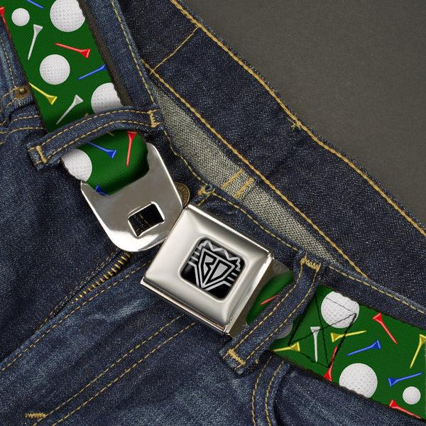 Buckle-Down BD Wings Logo CLOSE-UP Full Color Black Silver Seatbelt Belt - Golf Balls/Tees Scattered Green/Multi Color Webbing