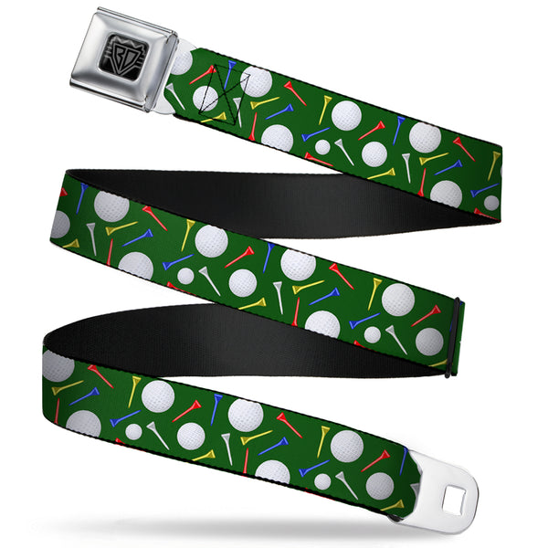 Buckle-Down BD Wings Logo CLOSE-UP Full Color Black Silver Seatbelt Belt - Golf Balls/Tees Scattered Green/Multi Color Webbing