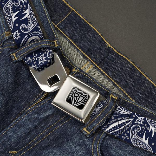 Buckle-Down BD Wings Logo CLOSE-UP Full Color Black Silver Seatbelt Belt - Floral Paisley3 Blue/White/Gray Webbing
