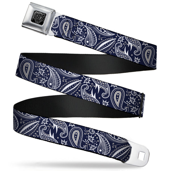 Buckle-Down BD Wings Logo CLOSE-UP Full Color Black Silver Seatbelt Belt - Floral Paisley3 Blue/White/Gray Webbing