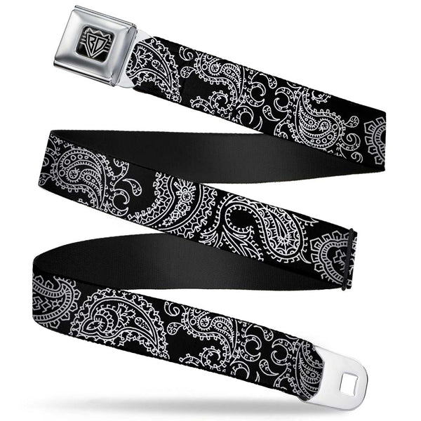 Buckle-Down BD Wings Logo CLOSE-UP Full Color Black Silver Seatbelt Belt - Paisley2 Black/White Webbing