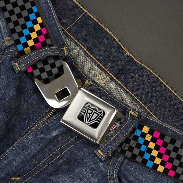 Buckle-Down BD Wings Logo CLOSE-UP Full Color Black Silver Seatbelt Belt - Checker Stripe Black/Gray/Blue/Gold/Pink Webbing