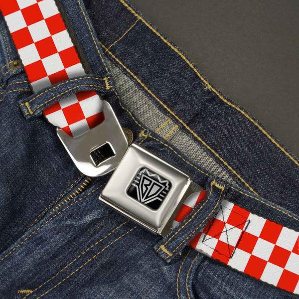 Buckle-Down BD Wings Logo CLOSE-UP Full Color Black Silver Seatbelt Belt - Checker Red/White Webbing