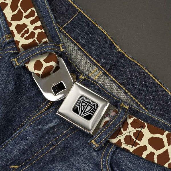 Buckle-Down BD Wings Logo CLOSE-UP Full Color Black Silver Seatbelt Belt - Giraffe Spots2 Cream/Brown Webbing