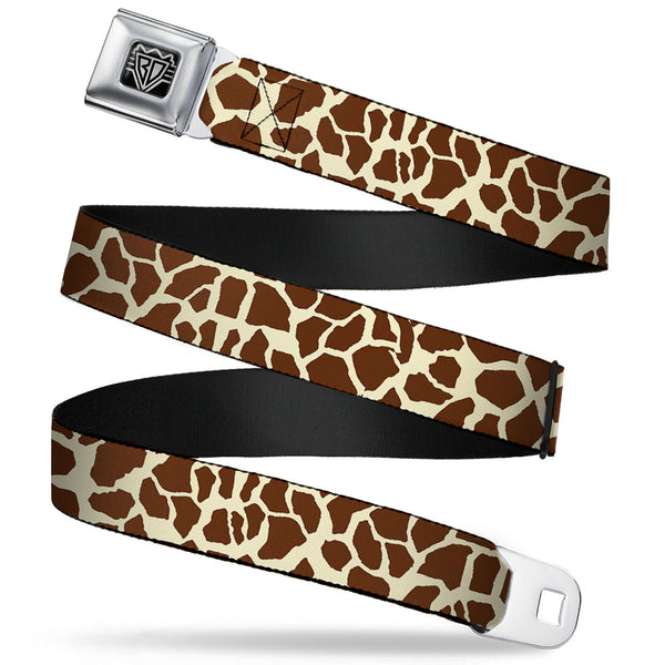 Buckle-Down BD Wings Logo CLOSE-UP Full Color Black Silver Seatbelt Belt - Giraffe Spots2 Cream/Brown Webbing